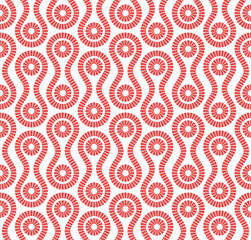 Wavy geometric shapes and rings. Red dashed lines on a white background. Abstract elegant design. Seamless repeating pattern. 
