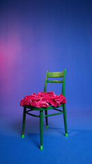flower chair on blue background, spring decor