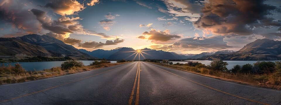 A beautiful road leading to the horizon, with mountains and water in the background, under a sunset sky.