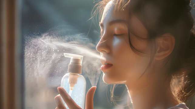portrait of a girl who sprays a spray on her face from a transparent bottle, light uniform background, morning freshness and rays, backlit
