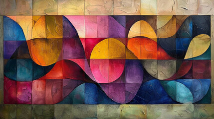Fototapeta premium A painting with colored forms arranged on a beige background, creating a chromatic abstract composition