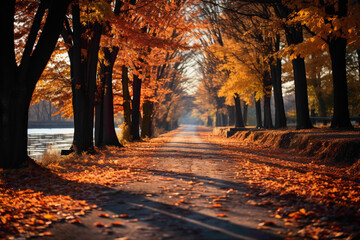 A vibrant autumn road with trees on both sides showcasing a palette of red, orange, and yellow leaves, creating a warm and cozy atmosphere.
