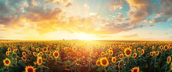 Sunflower field at sunset with beautiful sky and sunflowers. A panoramic view of the vibrant yellow flowers blooming in an open space