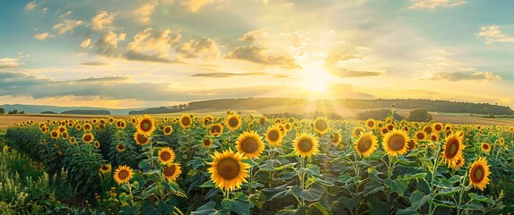Sunflower field at sunset with beautiful sky and sunflowers in full bloom. A picturesque scene of nature's beauty - obrazy, fototapety, plakaty