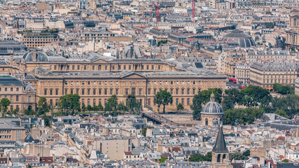 Top view of Paris skyline from observation deck of Montparnasse tower timelapse. Main landmarks of...