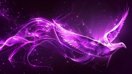 Purple light on a black background with energy waves and forms of a white phoenix in the style of a vector illustration and 3D rendering