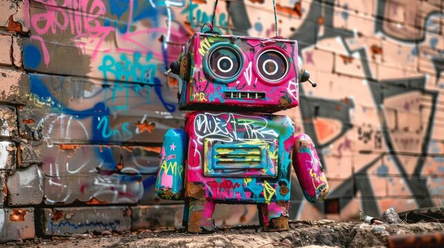 A robot covered in colorful graffiti sits beside a wall, blending art and technology