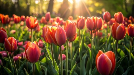 Glade with tulips in the sun, garden - obrazy, fototapety, plakaty