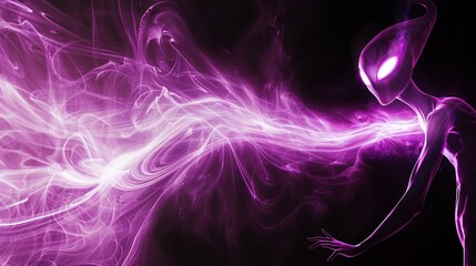 Purple light on a black background with energy waves and forms of a white phoenix in the style of a vector illustration and 3D rendering