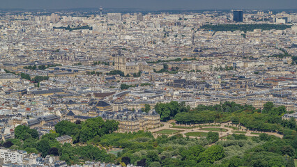 Top view of Paris skyline from observation deck of Montparnasse tower timelapse. Main landmarks of european megapolis. Paris, France