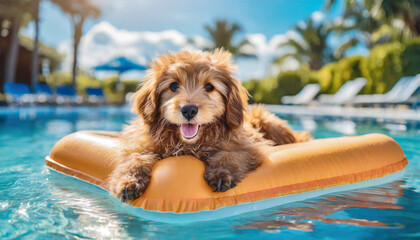 Cute and fluffy dog floating in a pool.