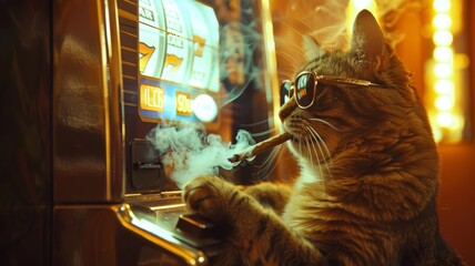 Cat with a cigar at slot machine - This photo captures a cat with a cigar by a slot machine symbolizing risk and leisure activities - obrazy, fototapety, plakaty