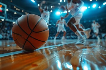 Closeup of basketball players dribbling the ball on an indoor court, with blurred fans in the background. - obrazy, fototapety, plakaty