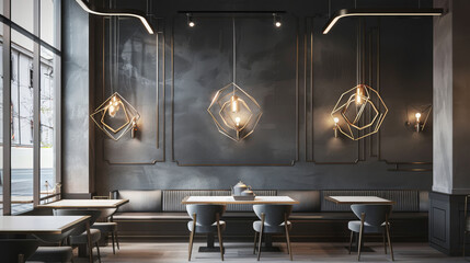 Elegant geometric pendant lights with minimalist appeal, crafted from premium materials like hand-blown glass or polished brass, creating a luxurious ambiance in modern dining rooms or lounges