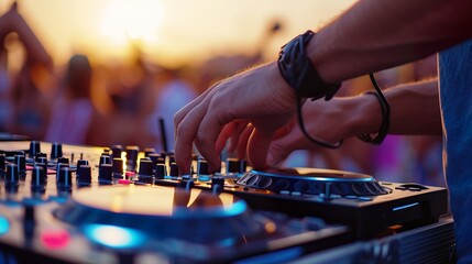DJ is mixing music with deejay controller at outdoor summer pool or beach party - nightlife people...