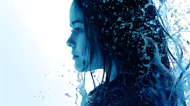 blue cancer woman as rain shape, long hair, white background, 