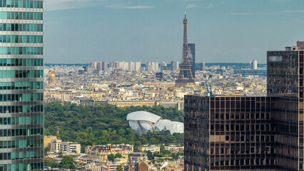 Paris skyline and Eiffel Tower timelapse from the top of the skyscrapers in Paris business district...