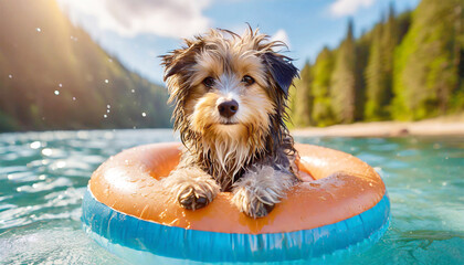 Wet dog with an inflatable ring on a river. - obrazy, fototapety, plakaty