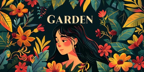 A woman surrounded by vibrant flowers and lush greenery, with the word "GARDEN" in elegant script at top center. 