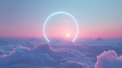 A neon glowing circle is in the sky above a cloudy blue sky, abstract background