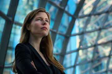 woman in formal in a sleek modern office tower