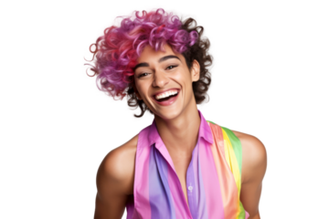Portrait shot of Young joyful Gay man with colorful lgbt dress isolated on transparent background, Gay transgender smile and posing with trendy lifestyle.