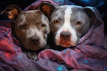 Two cute young pit bulls lying tenderly together under a modern purple blanket