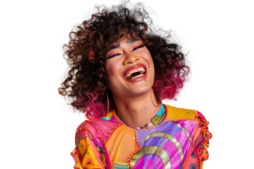 Portrait shot of Young joyful Gay man with colorful lgbt dress isolated on transparent background, Gay transgender smile and posing with trendy lifestyle.