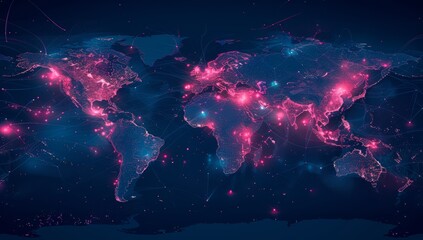 A world map with glowing connections between different countries, representing global network and connectivity. 