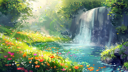 Landscape with big waterfall and fish, spring flowers, grass. Painting of summer. Banner - obrazy, fototapety, plakaty