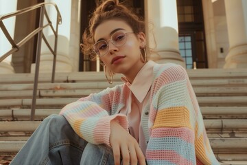 young woman wearing retro style sweater vest with a shirt sitting on the campus stairs, grandpacore