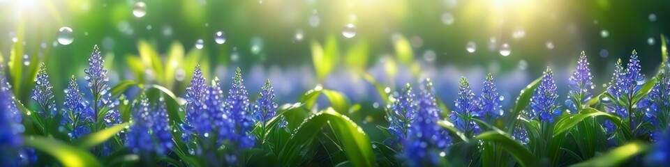 Abstract colorful blurred illustration of bluebell flowers in dew on blurred bokeh background, space for text. Concept for valentine's day or birthday or mother's day or women's day.	