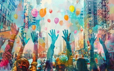A digital art collage of diverse hands raised in celebration, set against the backdrop of an urban street scene with buildings and cars Generative AI