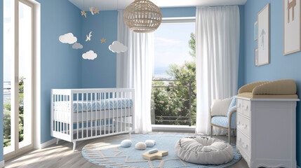 A warm and minimalist welcoming blue nursery designed for baby, newborn bedroom