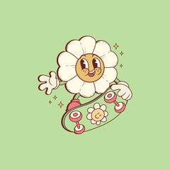 cute retro illustration of daisy on top of a skateboard 