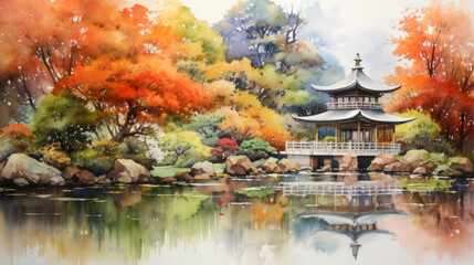 Obraz premium Serene watercolor artwork capturing the serene ambiance of a Japanese garden during the fall season.