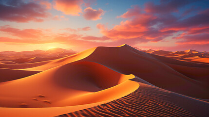 Endless sand dunes stretching across a mesmerizing desert landscape, bathed in the soft light of...