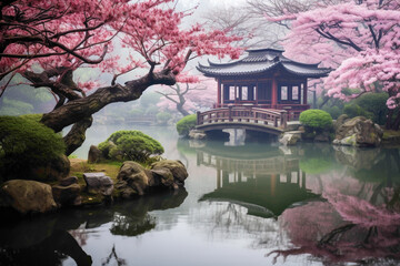 Fototapeta na wymiar Misty morning in a serene Japanese garden with a tranquil pond and cherry blossoms