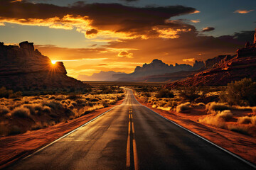 Endless desert highway, flanked by towering mesas, as the warm tones of the setting sun bathe the...
