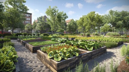 community garden in a minority neighborhood fighting back against environmental racism by creating green spaces, set against a clear, revitalizing background.
