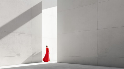 Frau im roten Mantel vor einer riesigen Hausfassade Generative AI - obrazy, fototapety, plakaty