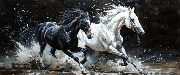 Black and white horses running, expressive splashes of paint