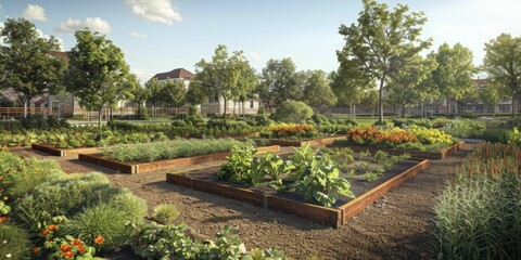 garden thriving in the heart of a minority neighborhood, a symbol of resilience and green activism against environmental racism, on clear land.