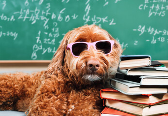 Dog sleeping on books in front of defocused chalk board in school. Smart dog wearing glasses. Student exhausted or overwhelmed from studying for exam or math. Female Labradoodle. Selective focus.