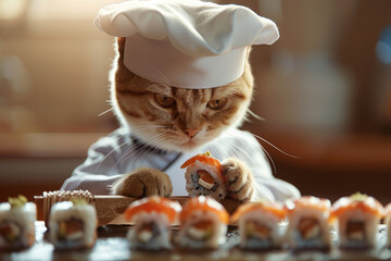 A cute cat as a Japanese chef making sushi