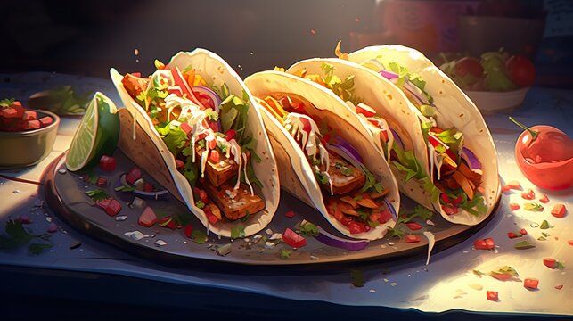 Delicious Mexican taco closeup isolated on background. display, whole and side view. frontal full view. lifestyle studio shoot. closeup view