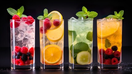 Delicious refreshing drinks in glasses on white background