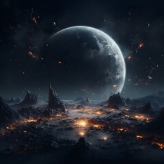 3D rendering of a dark Earth suspended in the vastness of space - obrazy, fototapety, plakaty