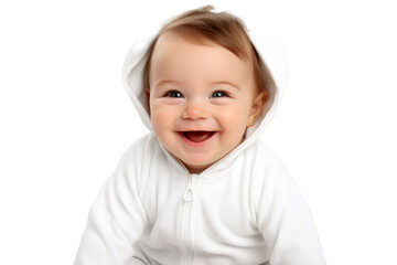 Portrait studio of young adorable baby with happy smile isolated on transparent background.