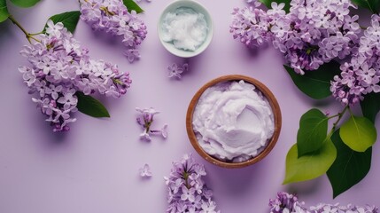 Obraz na płótnie Canvas A bowl of whipped cream surrounded by vibrant lilacs, creating a beautiful and serene scene